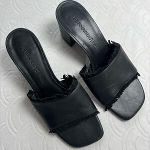 Bernardo Womens Size 9 Black Leather Slide on Block Heel Comfort Fringe Shoes
